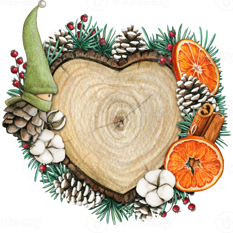 watercolor hand drawn wooden heart slice with elves, pinecones and pine branches png