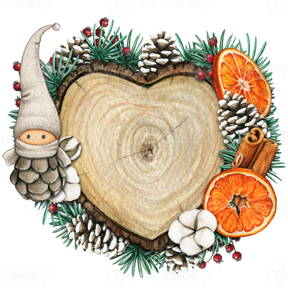 watercolor hand drawn wooden heart slice with elves, pinecones and pine branches png