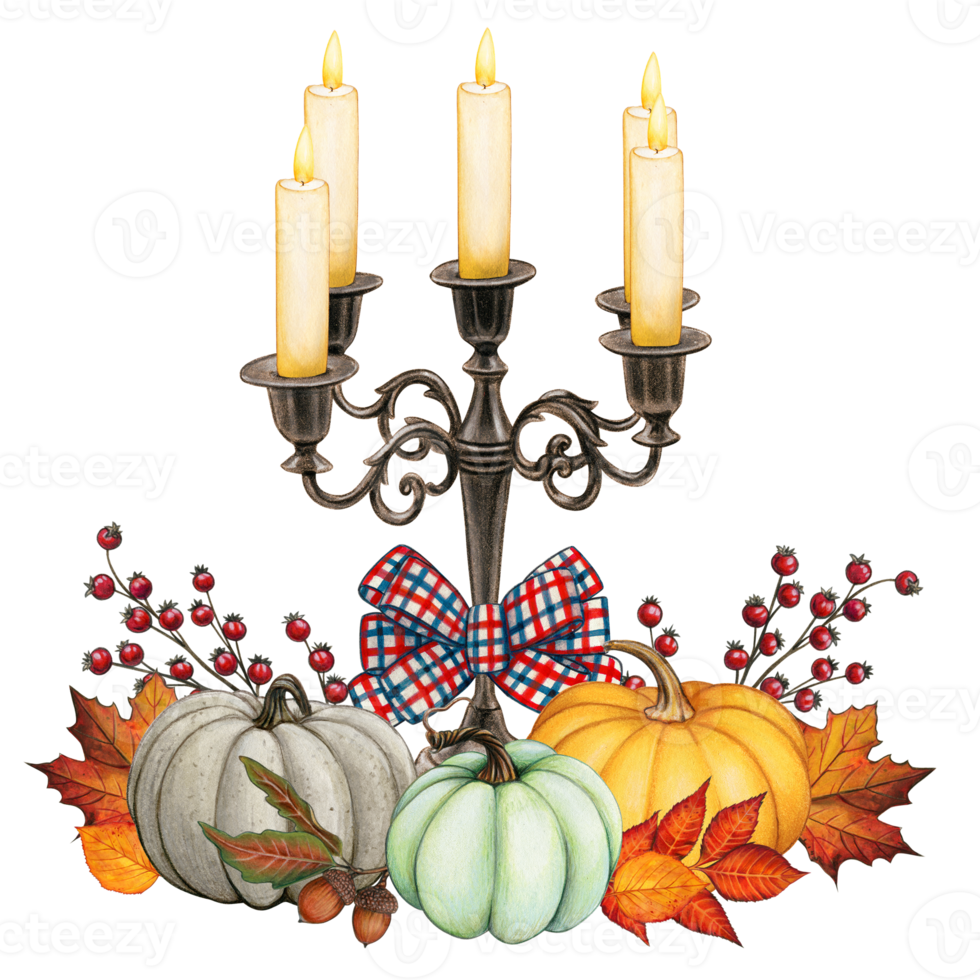 Watercolor hand drawn gothic candle holder with pumpkins png