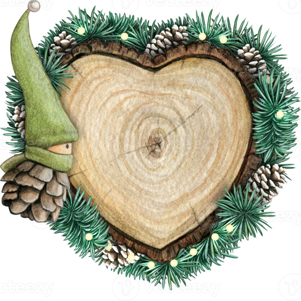watercolor hand drawn wooden heart slice with elves, pinecones and pine branches png