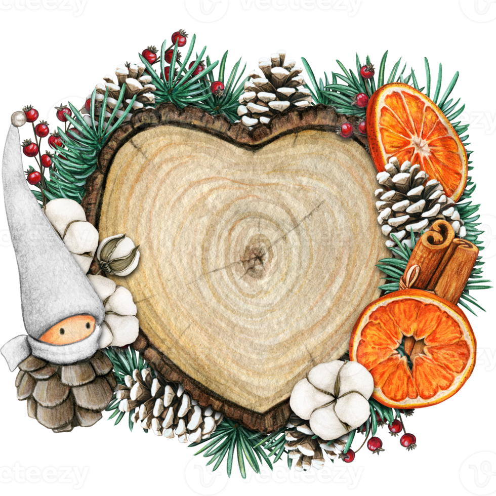 watercolor hand drawn wooden heart slice with elves, pinecones and pine branches png