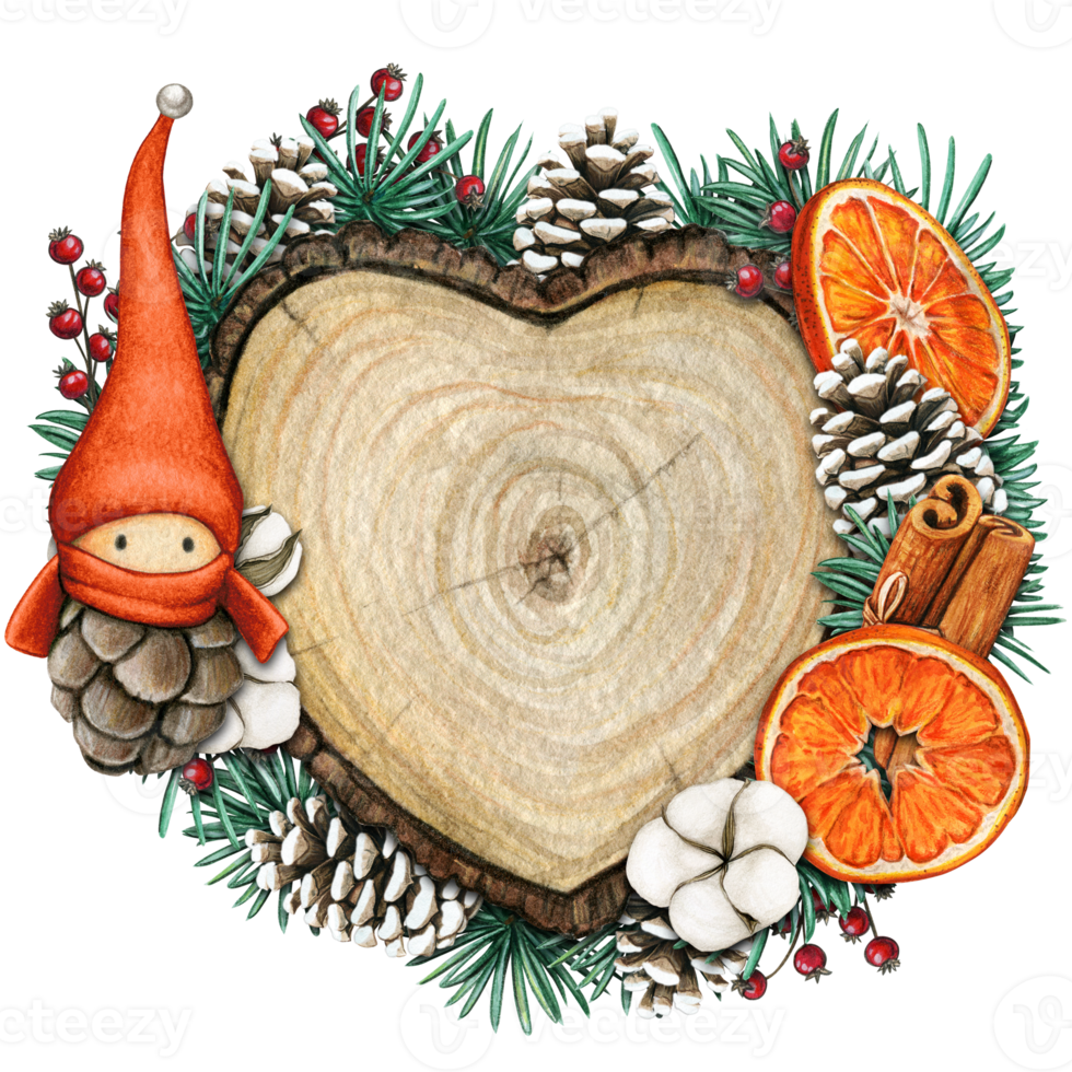 watercolor hand drawn wooden heart slice with elves, pinecones and pine branches png