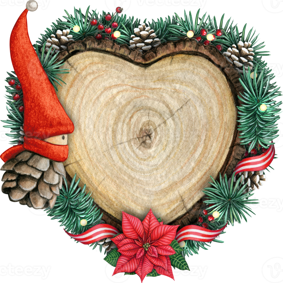 watercolor hand drawn wooden heart slice with elves, pinecones and pine branches png