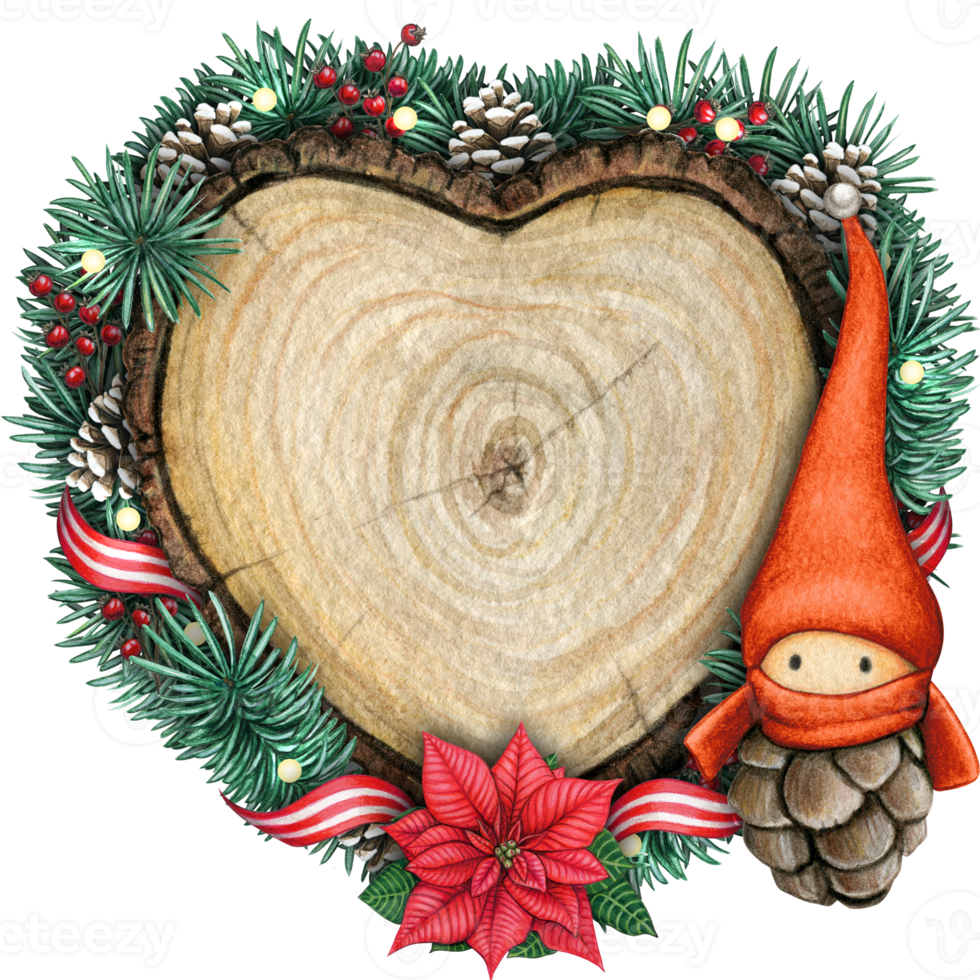 watercolor hand drawn wooden heart slice with elves, pinecones and pine branches png