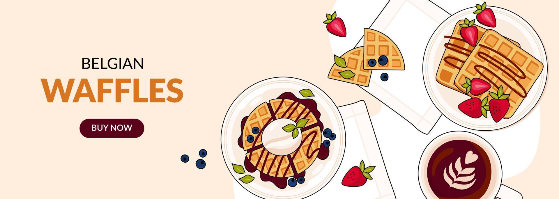 Banner design with Belgian waffles. Banner, website, advertising, menu. Vector illustration in doodle style