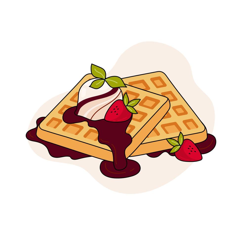 Belgian waffles vector illustration. Waffles with ice cream and strawberry. Healthy eating, cooking, breakfast menu, dessert, recipes. Perfect for banner, website, poster, menu.