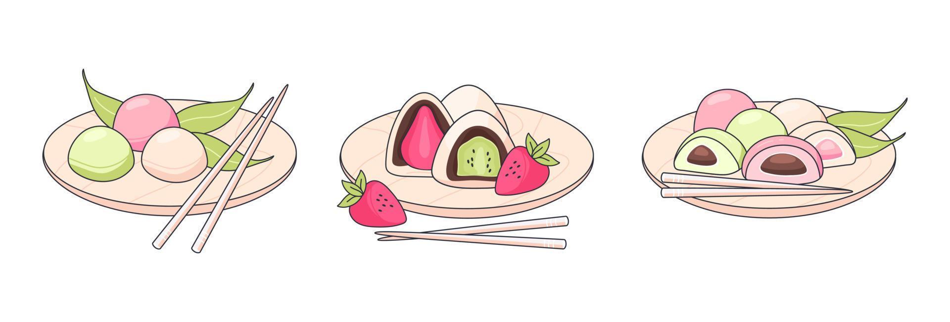 Set of Japanese sweets mochi. Different sweets mochi on a round wooden plate with chopsticks. Japanese traditional food vector illustration. Cooking, menu concept. Doodle style.