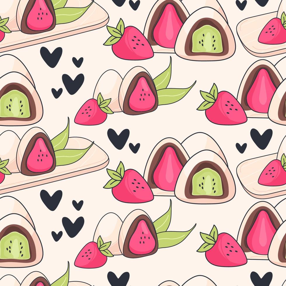 Seamless pattern with japanese mochi. Japanese asian dessert. Vector illustration in doodle style