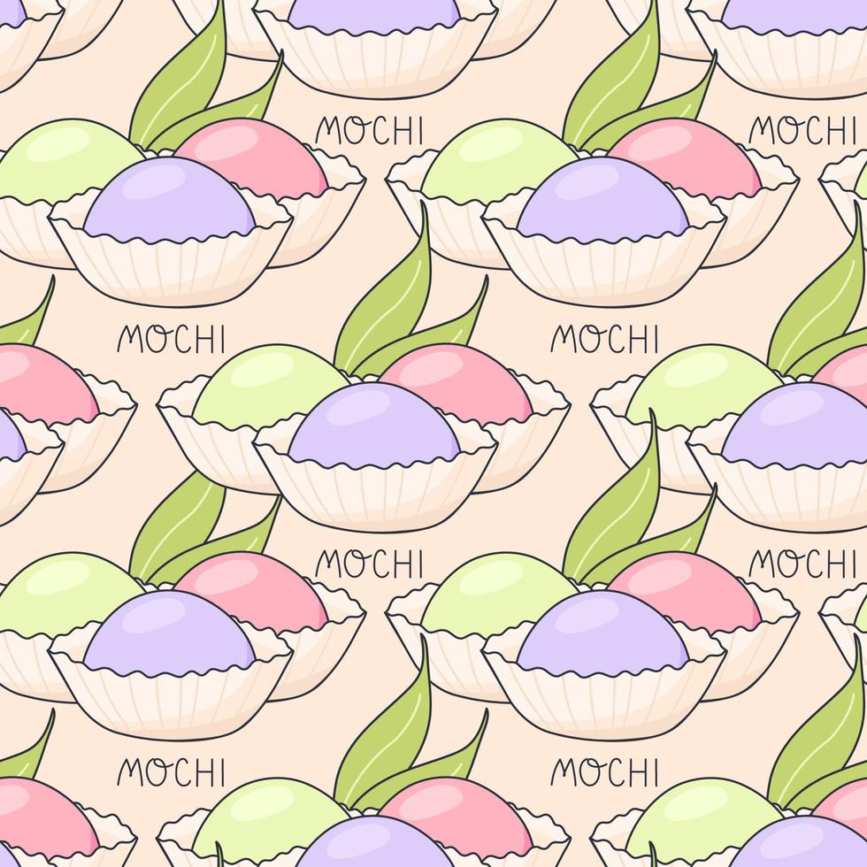Seamless pattern with japanese mochi. Japanese asian dessert. Vector illustration in doodle style for textile, background, packaging
