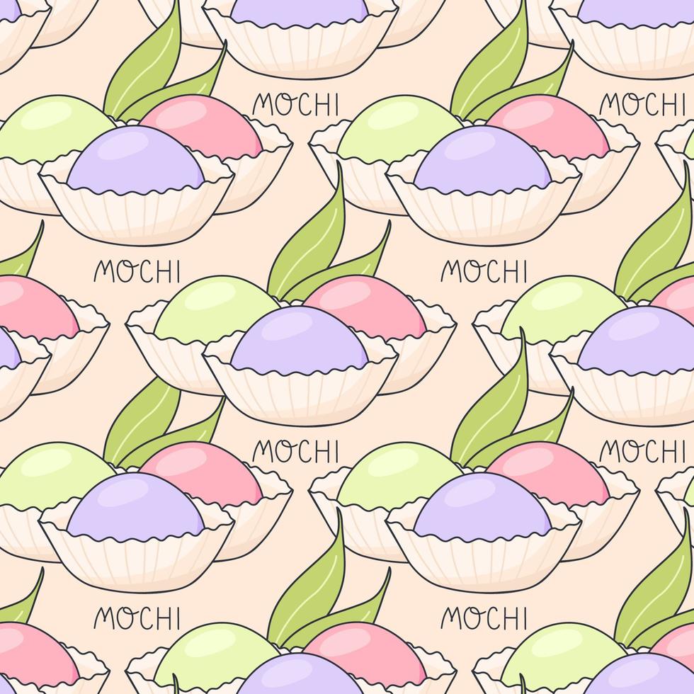 sin costura modelo con japonés mochi japonés asiático postre. vector ilustración en garabatear estilo para textil, fondo, embalaje