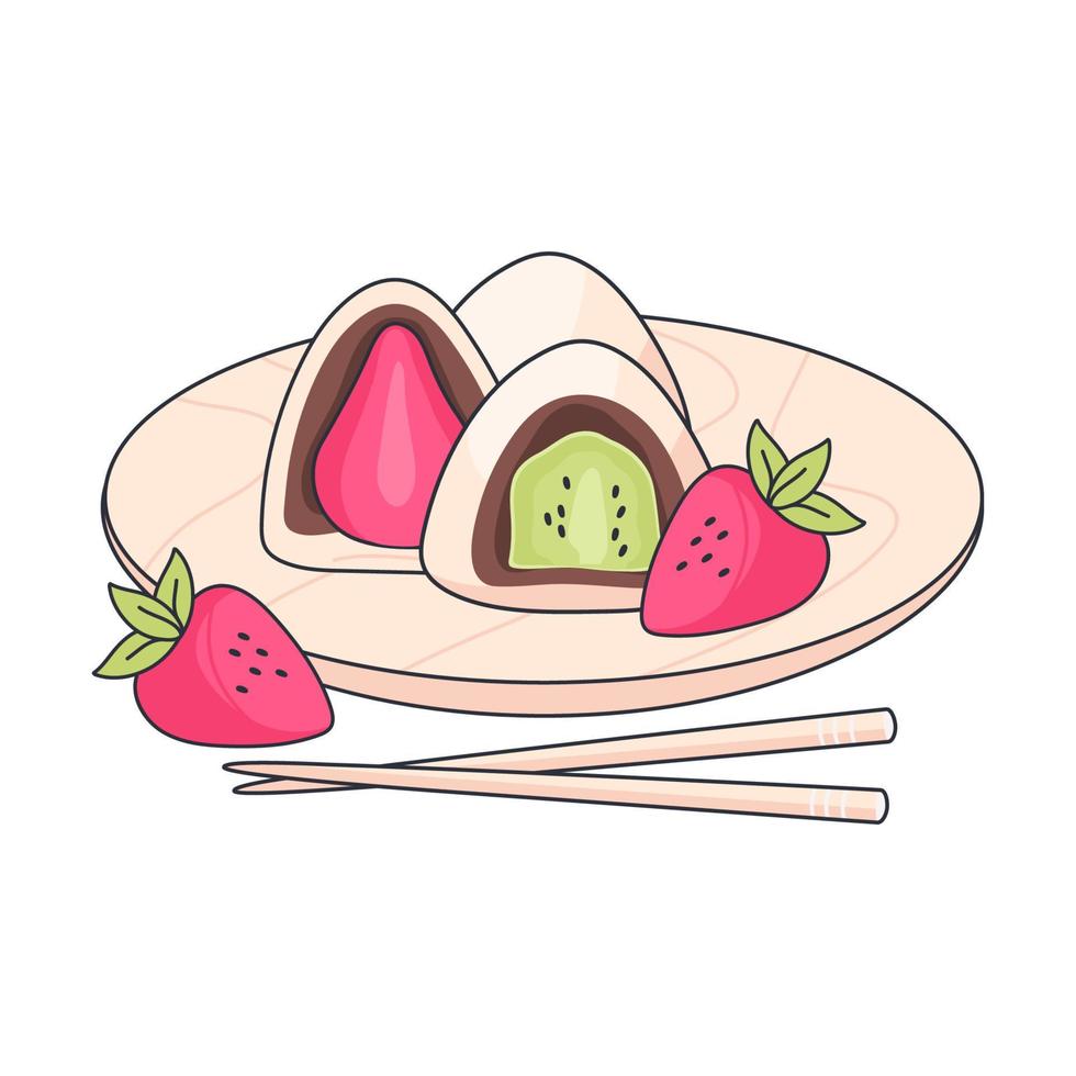 Illustration of Japanese sweets. Japanese dessert mochi daifuku on a round wooden plate with chopsticks. Japanese traditional food vector illustration. Doodle style.