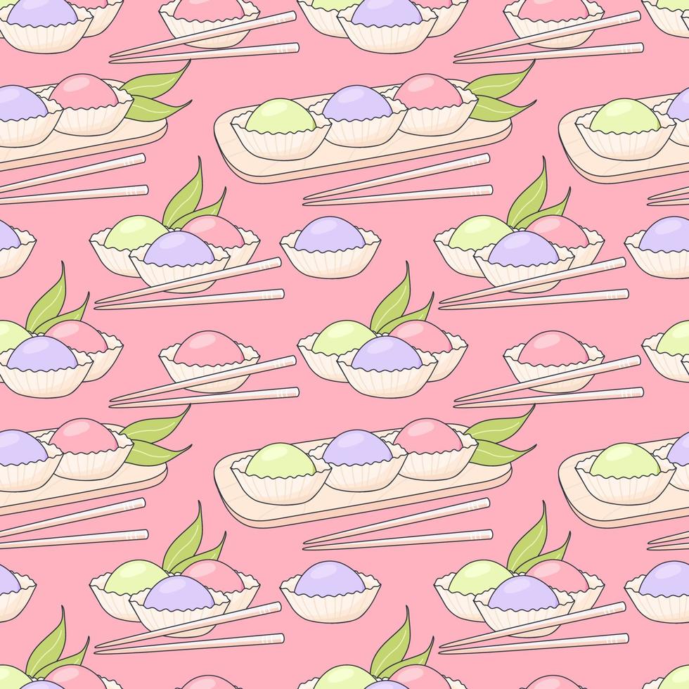 Design of seamless pattern with japanese mochi. Japanese asian dessert. Vector illustration in doodle style for your designs.