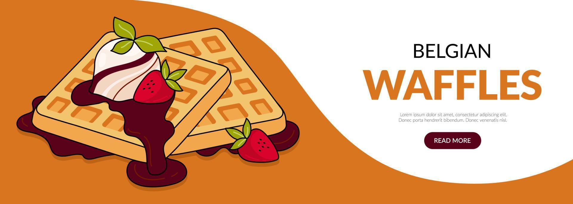 Banner design with Belgian waffles. Breakfast, dessert, street food. Banner, website, advertising, menu. Vector illustration in doodle style