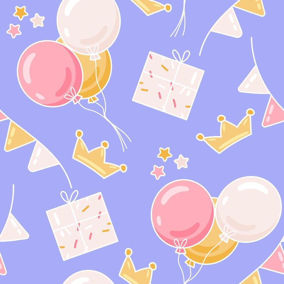 Colorful seamless pattern of celebration, party. Cute bright balloons, gifts, flags. Vector celebration background. Perfect for wrapping paper, scrapbooking, textile prints, wallpaper