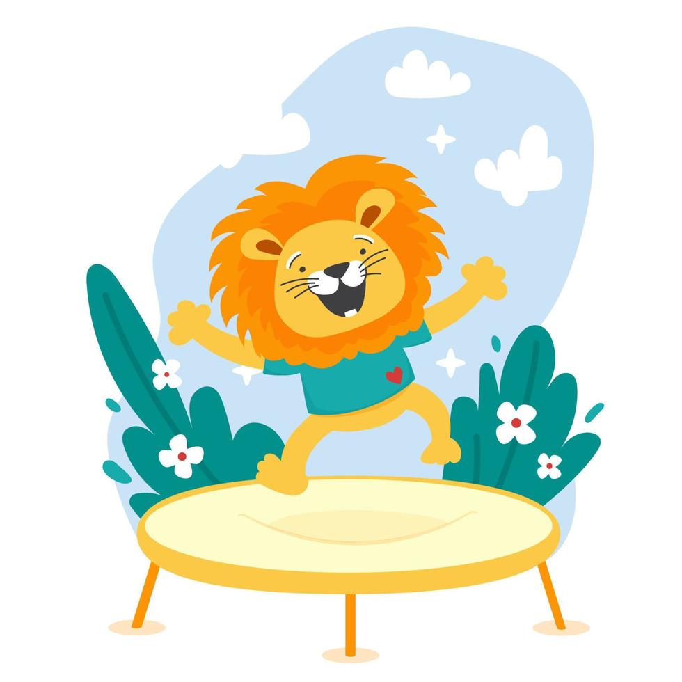Lion cub jumping on trampoline. vector