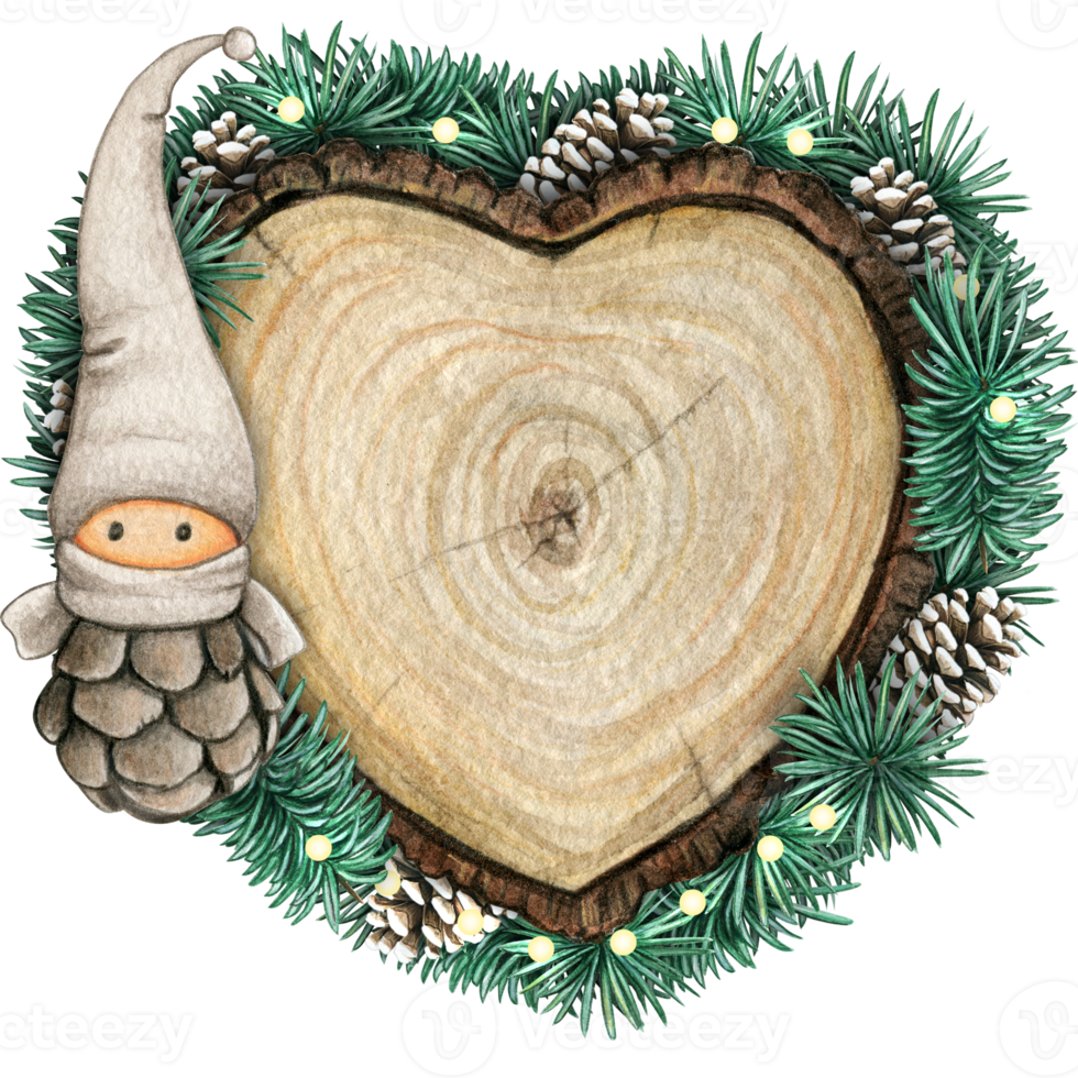watercolor hand drawn wooden heart slice with elves, pinecones and pine branches png