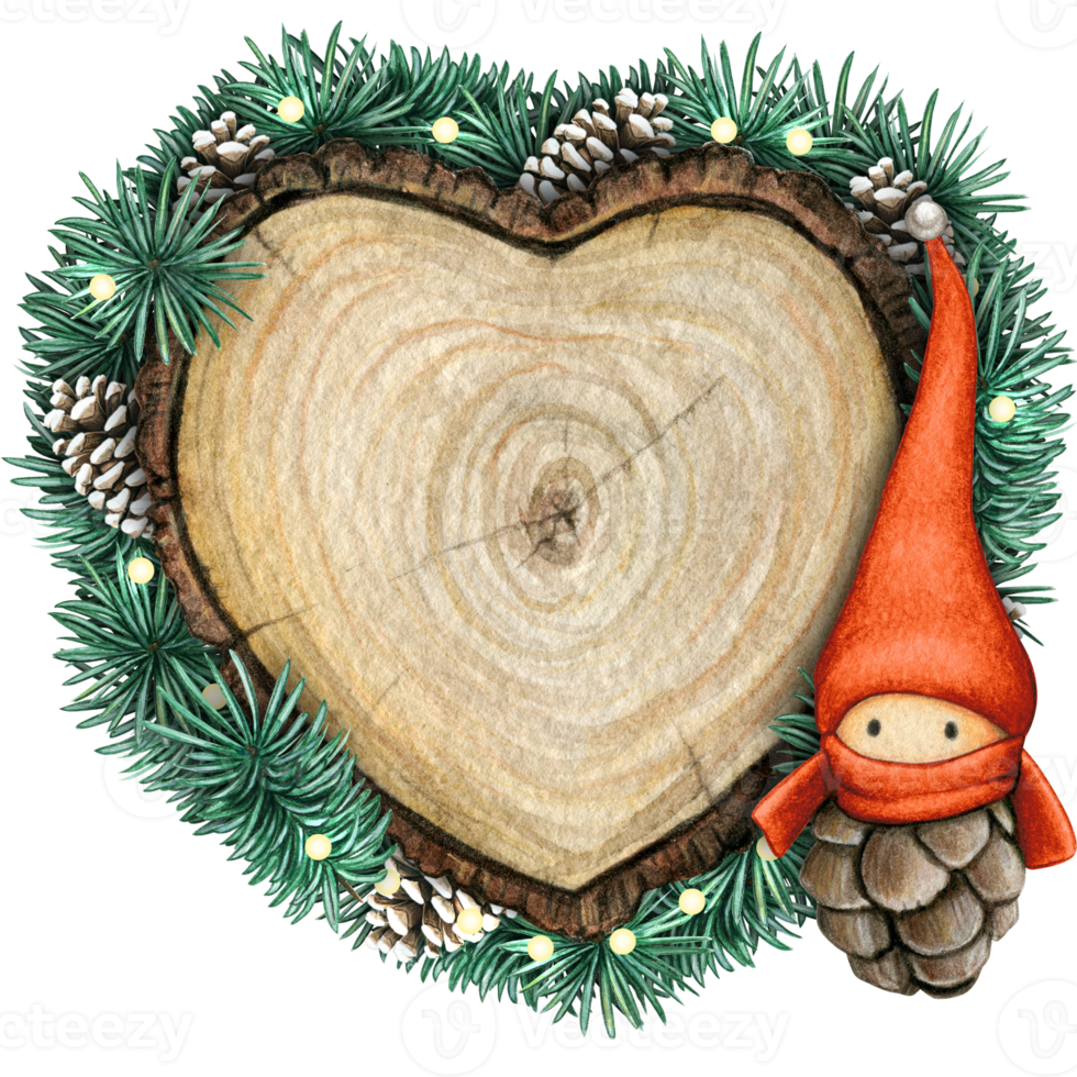 watercolor hand drawn wooden heart slice with elves, pinecones and pine branches png