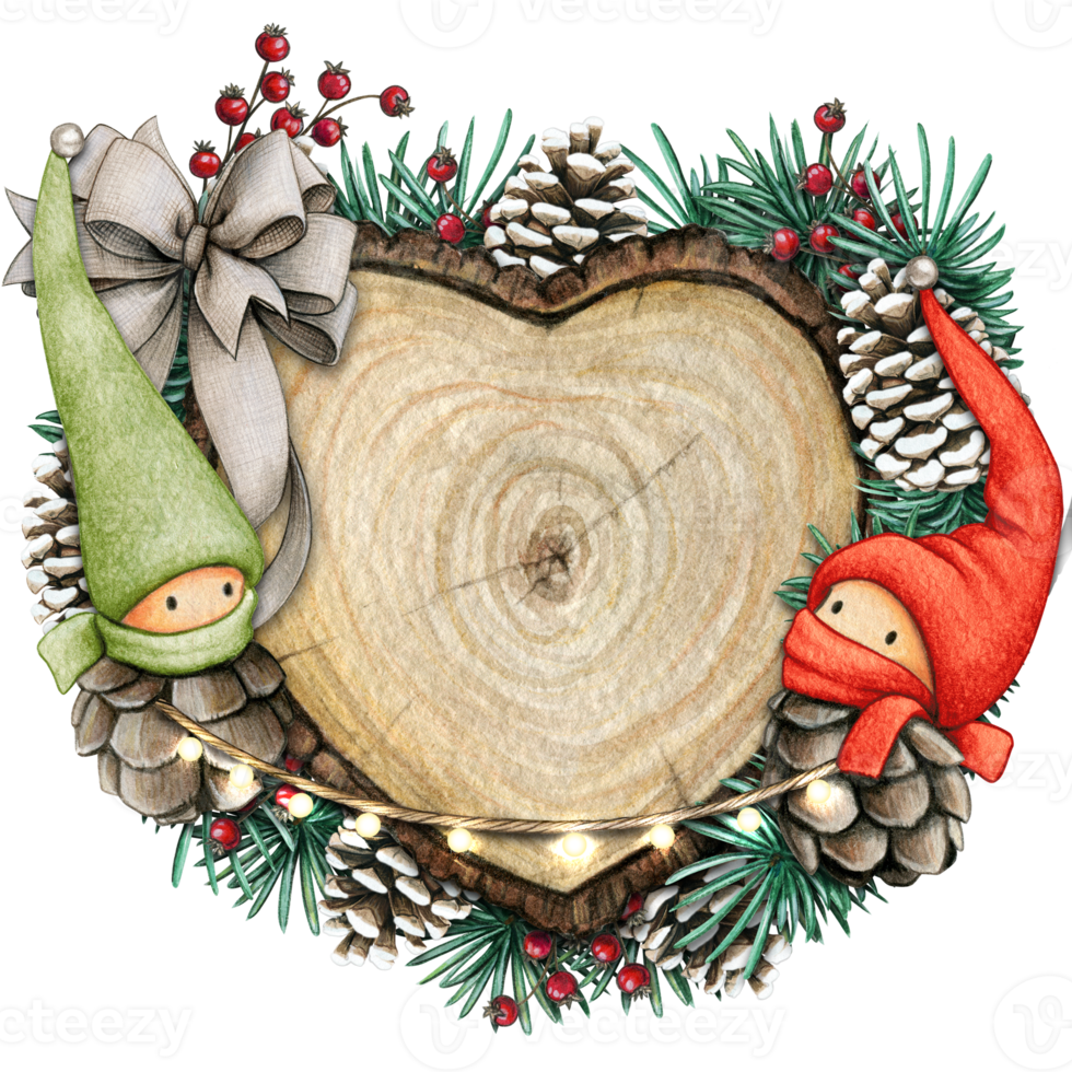 watercolor hand drawn wooden heart slice with elves, pinecones and pine branches png