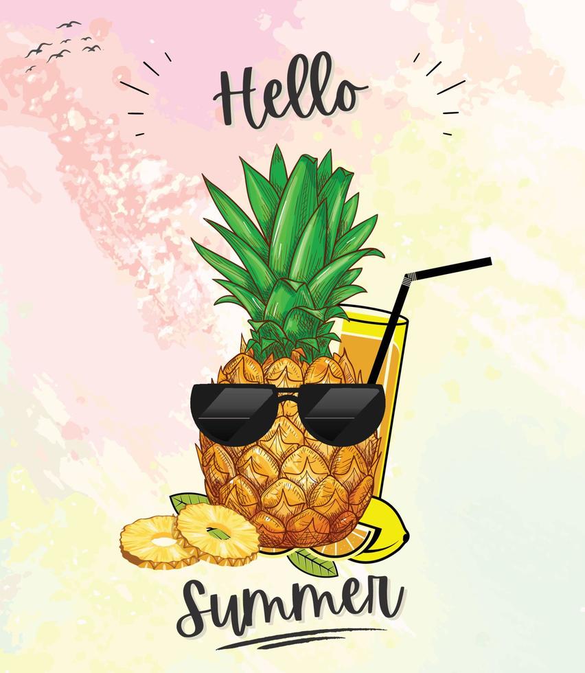 Hello, Summer Lettering with cute Pineapple. Golden green Multi Cute Modern Hello Summer vector