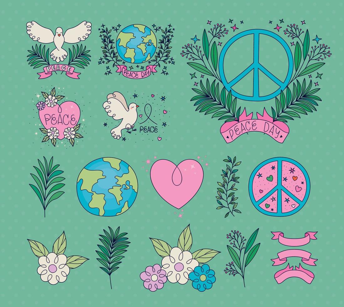 peace day icons bundle vector