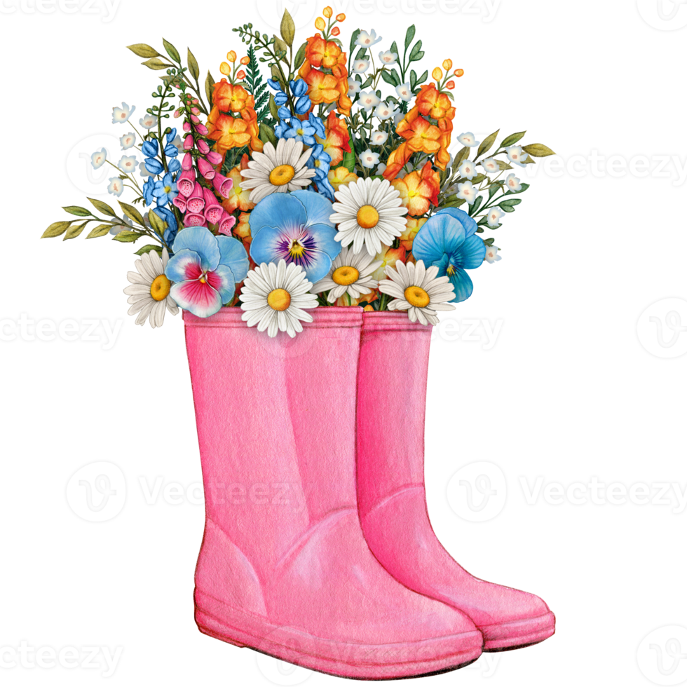 watercolor rubber boots with floral bouquet png