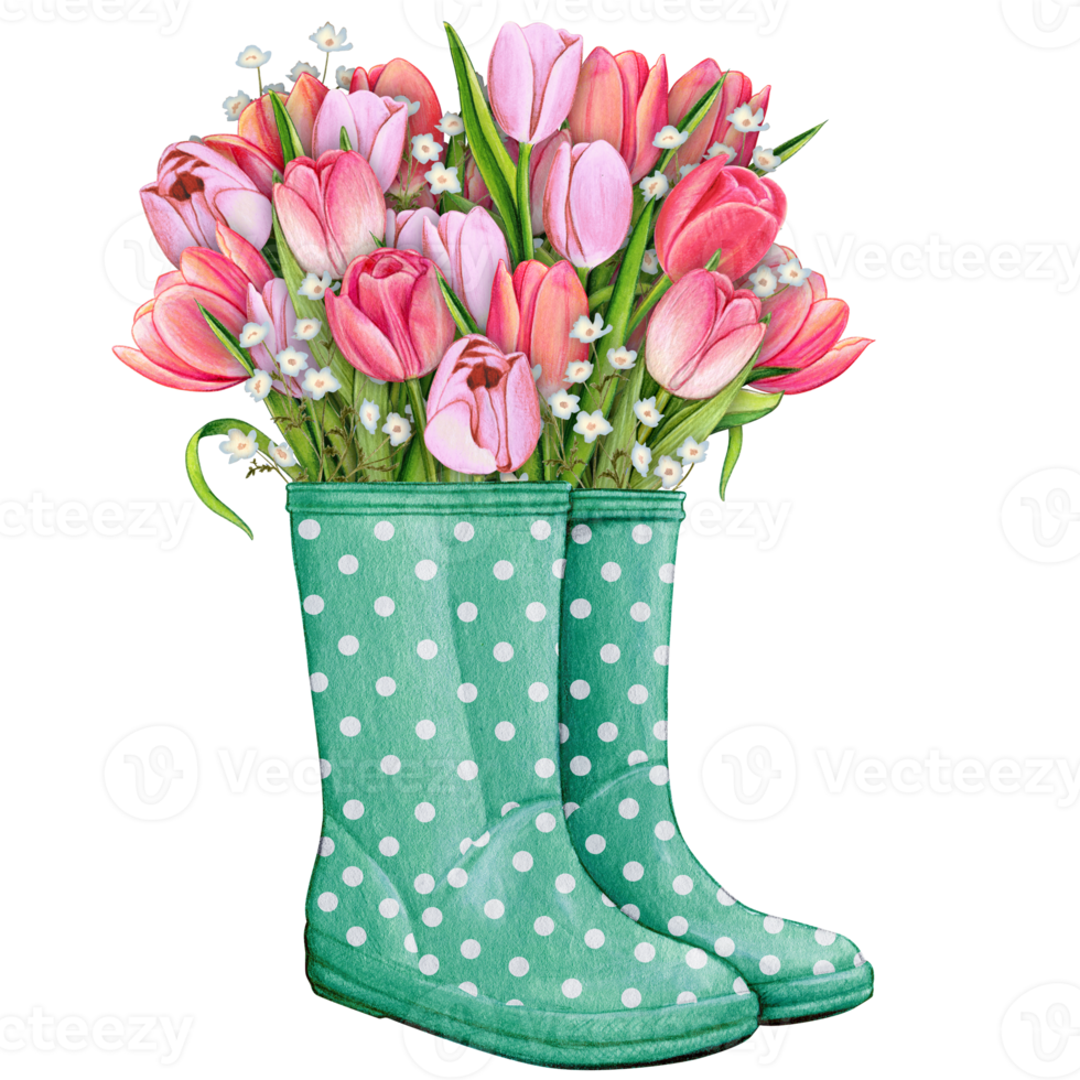 watercolor rubber boots with floral bouquet png