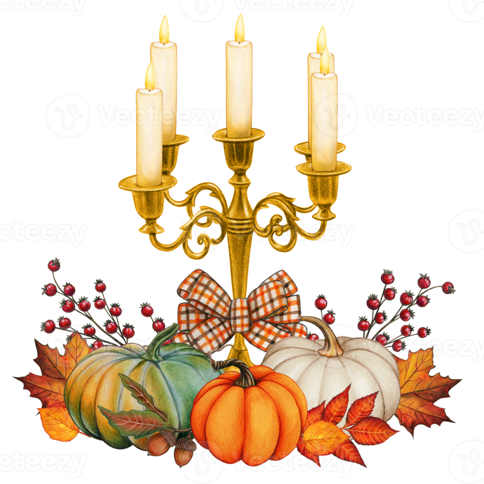 Watercolor hand drawn gothic candle holder with pumpkins png