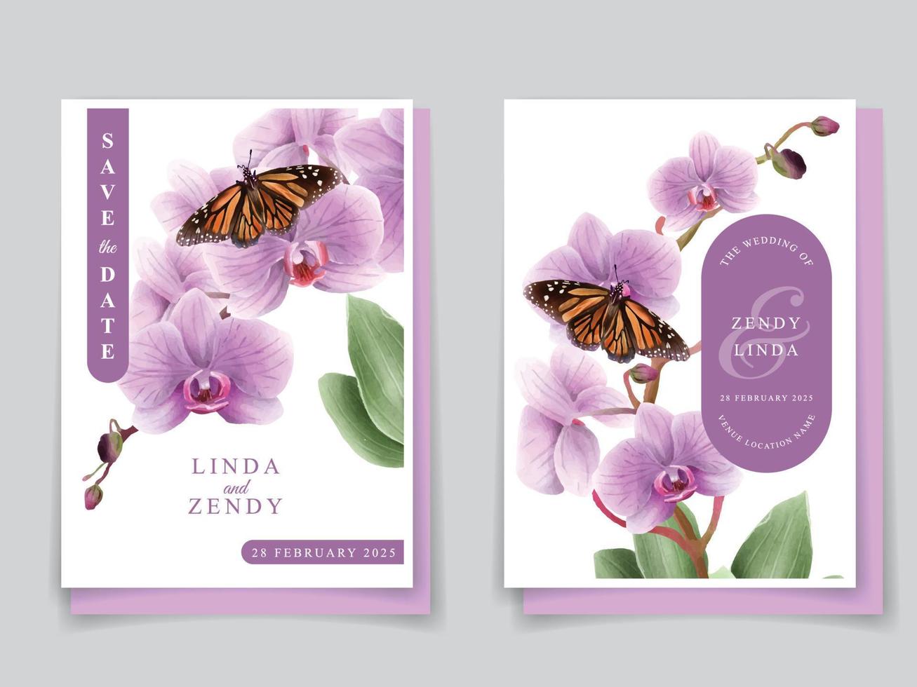 minimalist wedding invitation card with orchid illustration vector