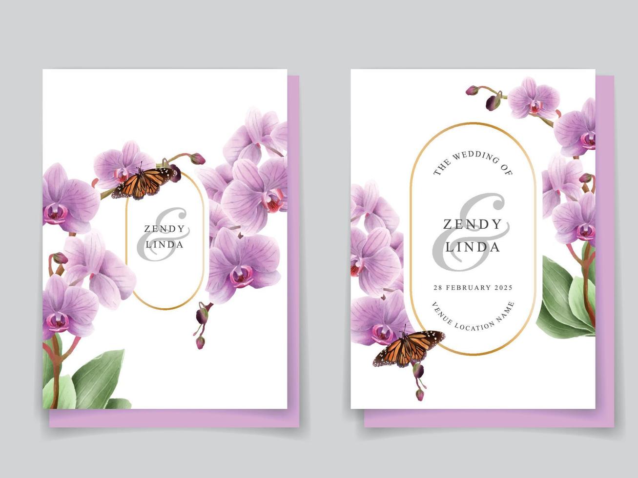 minimalist wedding invitation card with orchid illustration vector