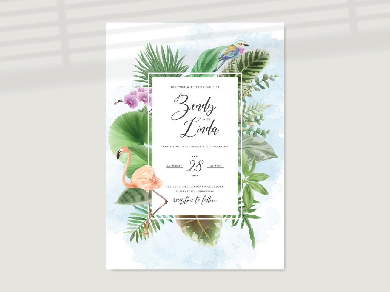 hermosa tarjeta de invitación de boda tropical floral vector