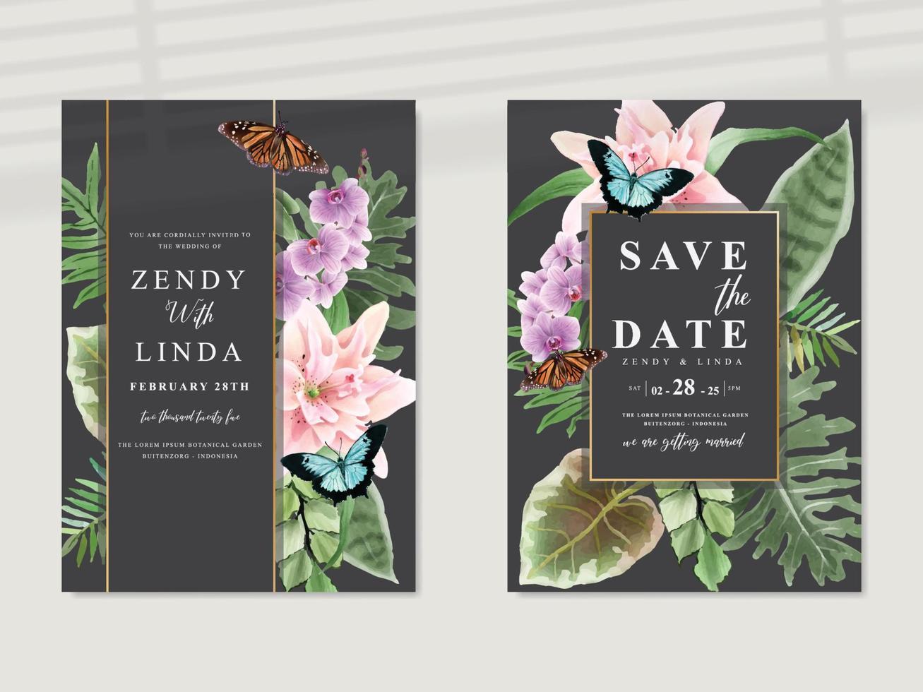 hermosa tarjeta de invitación de boda tropical floral vector