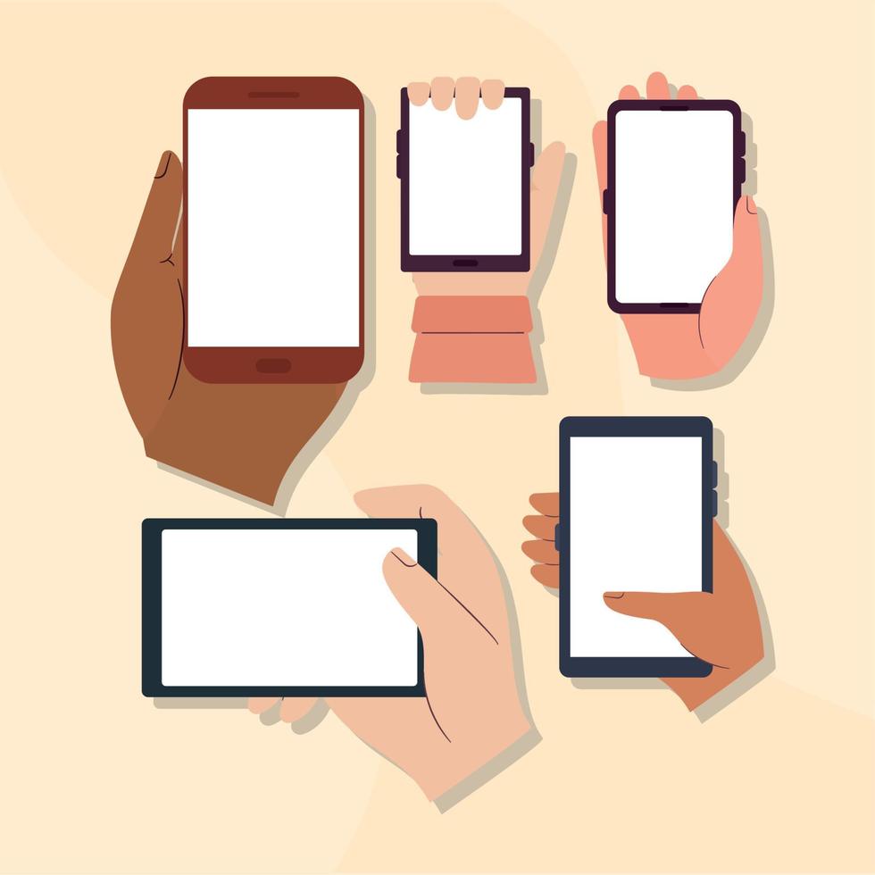 hands with cellphones vector