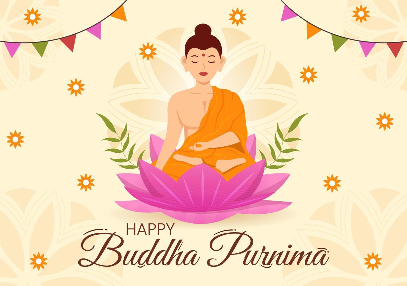 Happy Buddha Purnima Illustration with Vesak Day or Indian Festival to Spiritual in Flat Cartoon Hand Drawn for Web Banner or Landing Page Templates vector