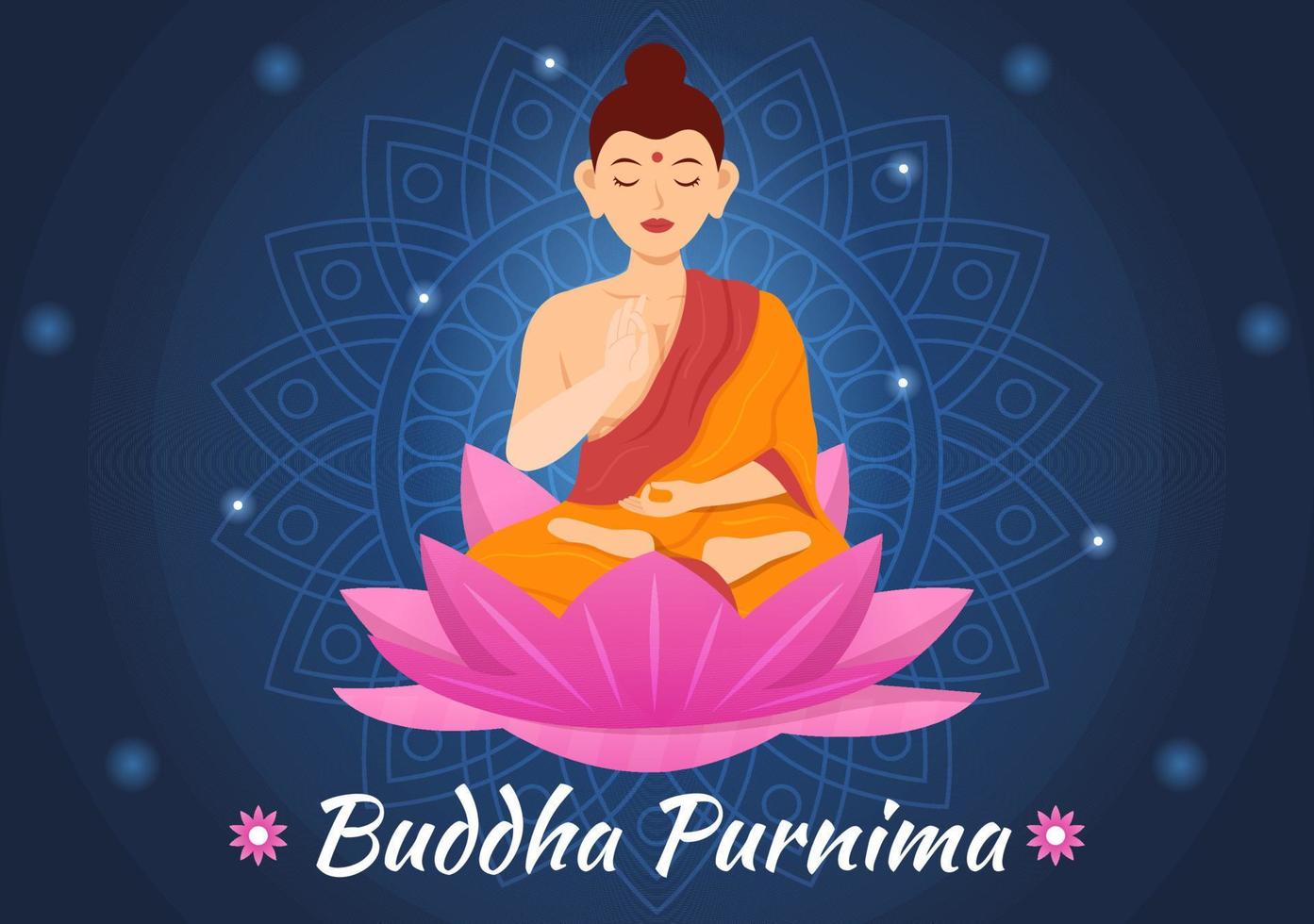 Happy Buddha Purnima Illustration with Vesak Day or Indian Festival to Spiritual in Flat Cartoon Hand Drawn for Web Banner or Landing Page Templates vector