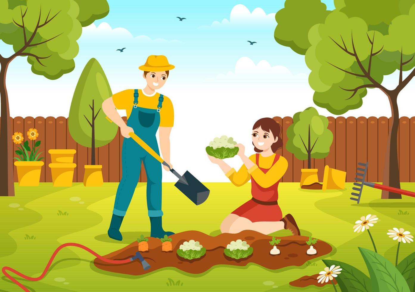 Gardener Illustration with Garden Tools, Farming, Grows Vegetables in Botanical Summer Gardening Flat Cartoon Hand Drawn for Landing Page Templates vector