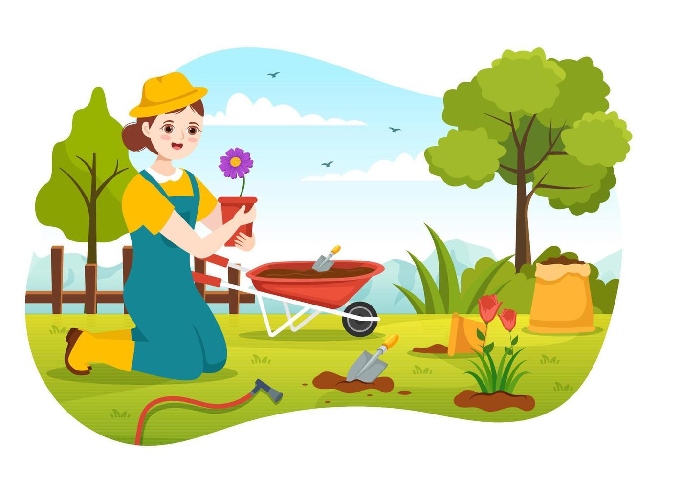 jardinero ilustración con jardín herramientas, agricultura, crece vegetales en botánico verano jardinería plano dibujos animados mano dibujado para aterrizaje página plantillas vector