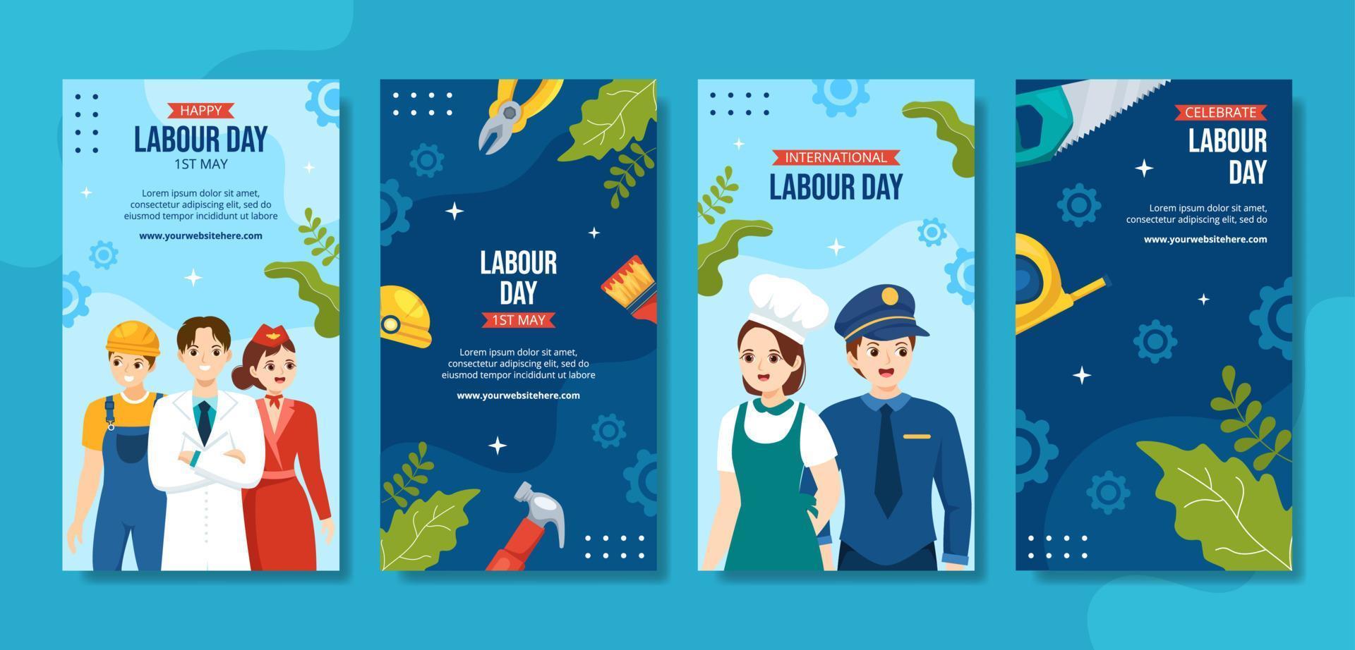 Happy Labor Day Social Media Stories Flat Cartoon Hand Drawn Templates Illustration vector