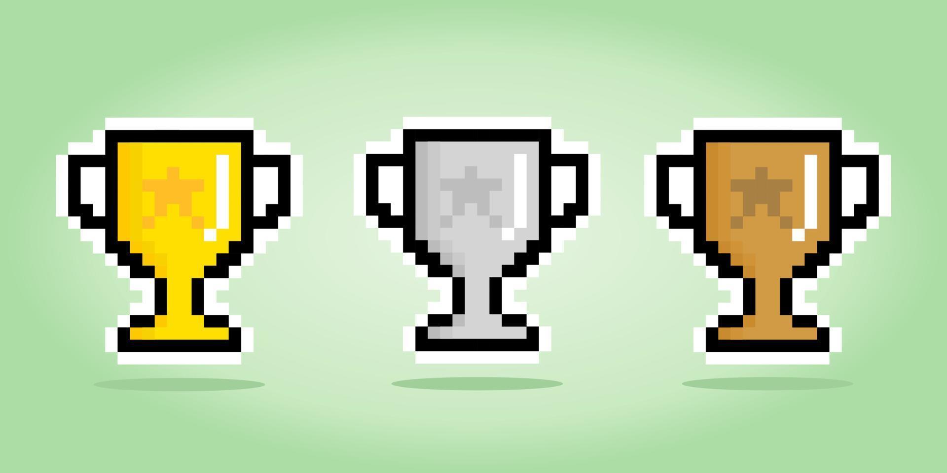 8 bits pixel trophy. cup pixel in Vector illustration for game assets and cross stitch patterns.