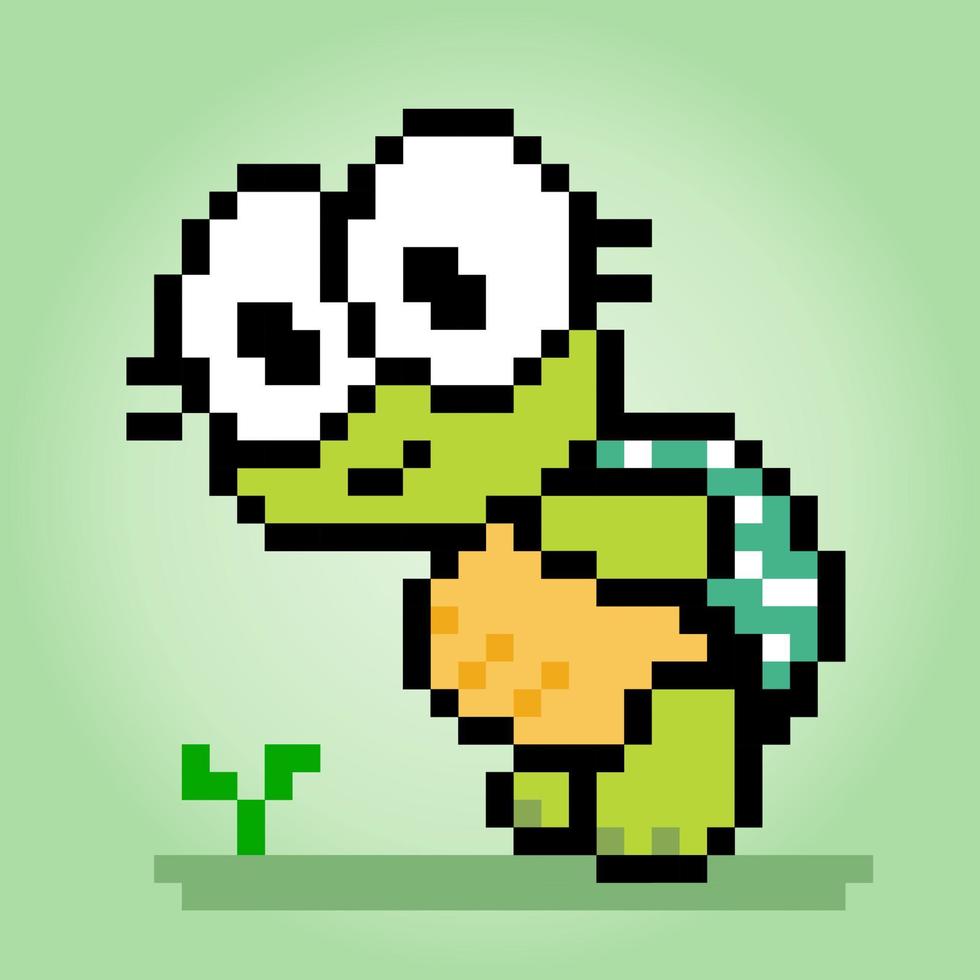 8 bit Pixel turtle saw a plant. Animal pixels in Vector illustration for game asset or cross stitch pattern.