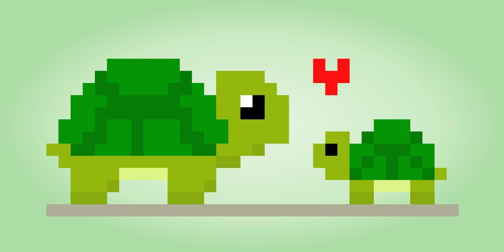 Mother and child turtle pixels. Vector illustration of 8 bit game assets.