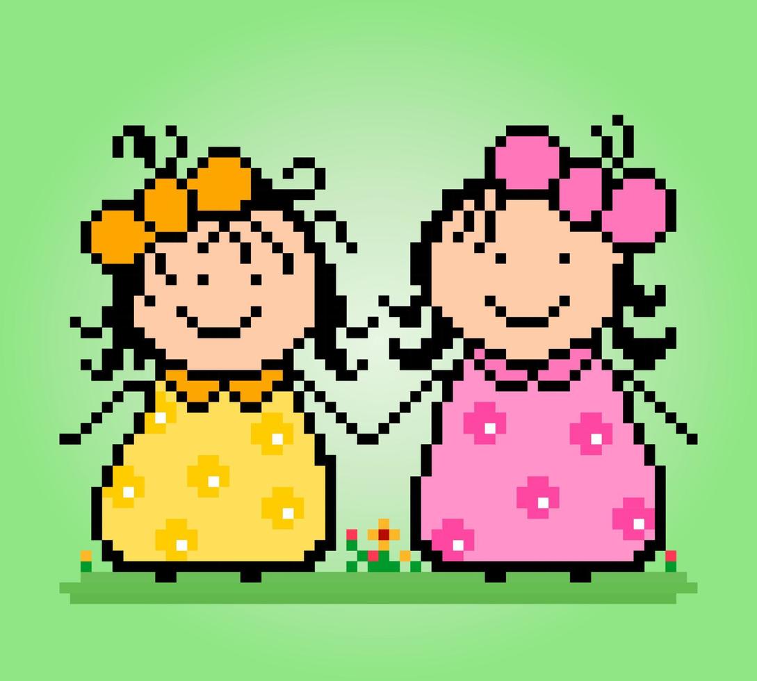 pixel 8 bit de dos hermanas. píxeles infantiles en ilustraciones vectoriales. vector