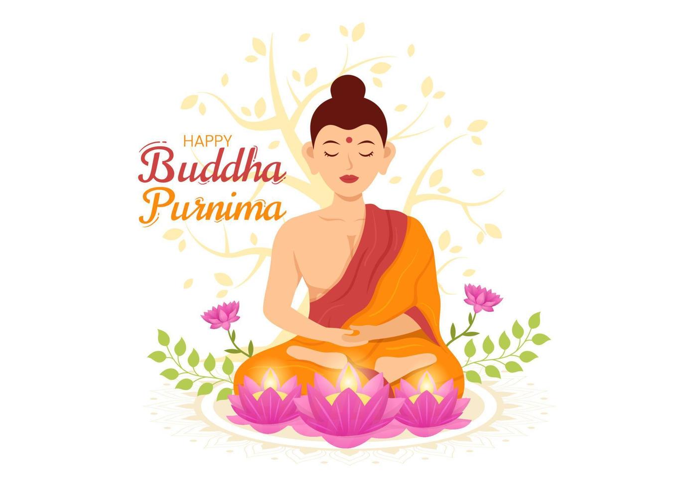 Happy Buddha Purnima Illustration with Vesak Day or Indian Festival to Spiritual in Flat Cartoon Hand Drawn for Web Banner or Landing Page Templates vector