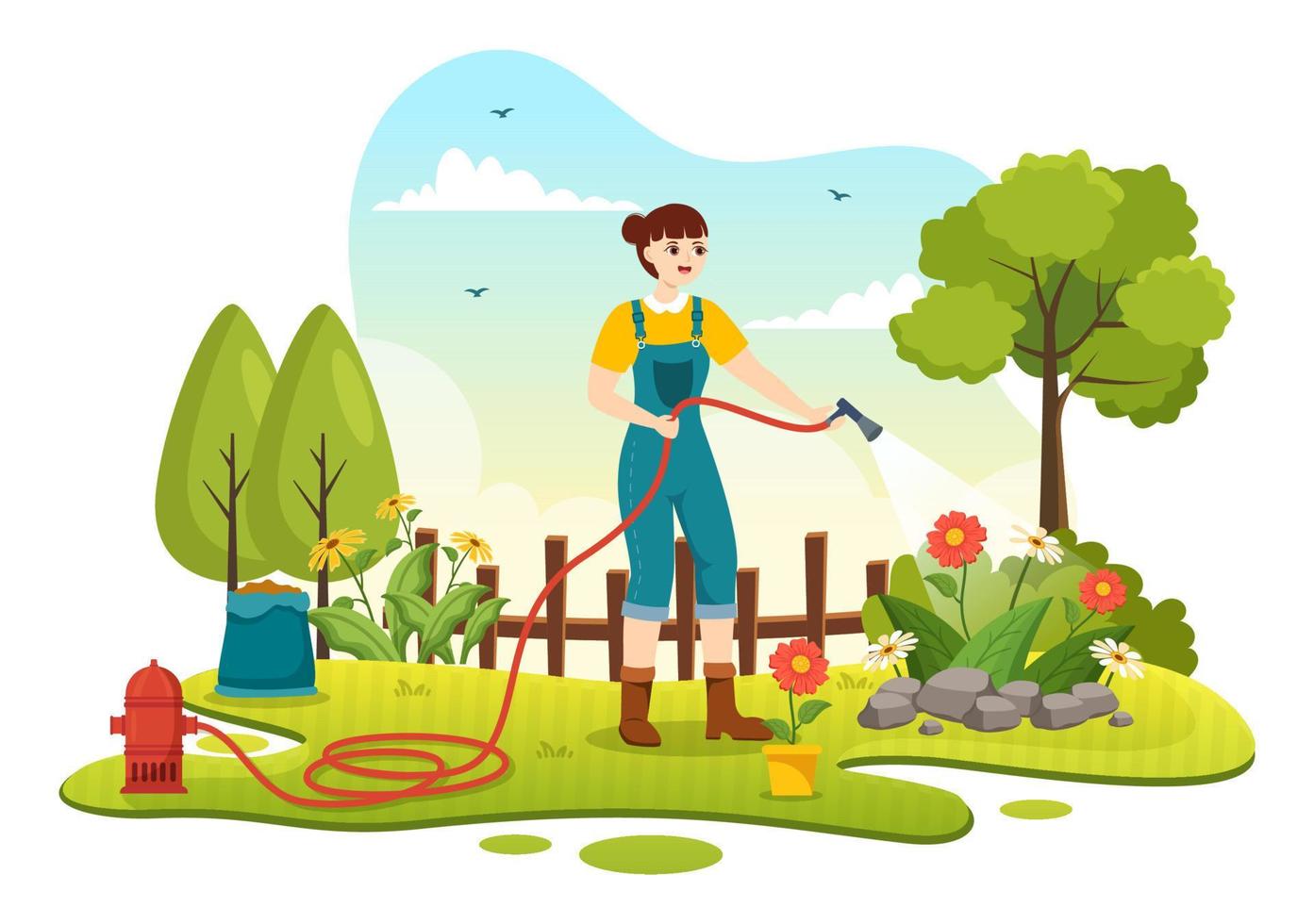 jardinero ilustración con jardín herramientas, agricultura, crece vegetales en botánico verano jardinería plano dibujos animados mano dibujado para aterrizaje página plantillas vector