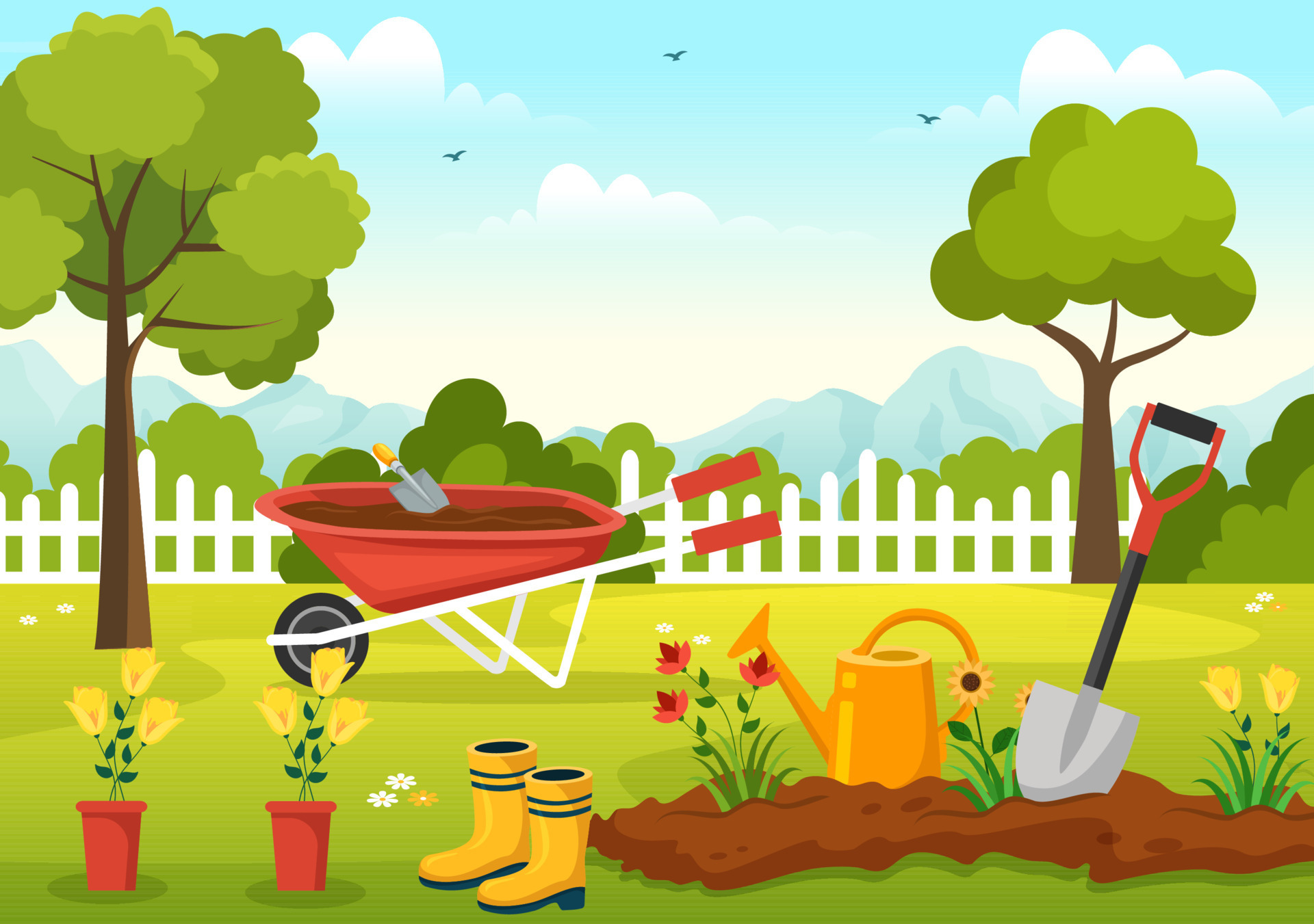Gardener Illustration with Garden Tools, Farming, Grows Vegetables in