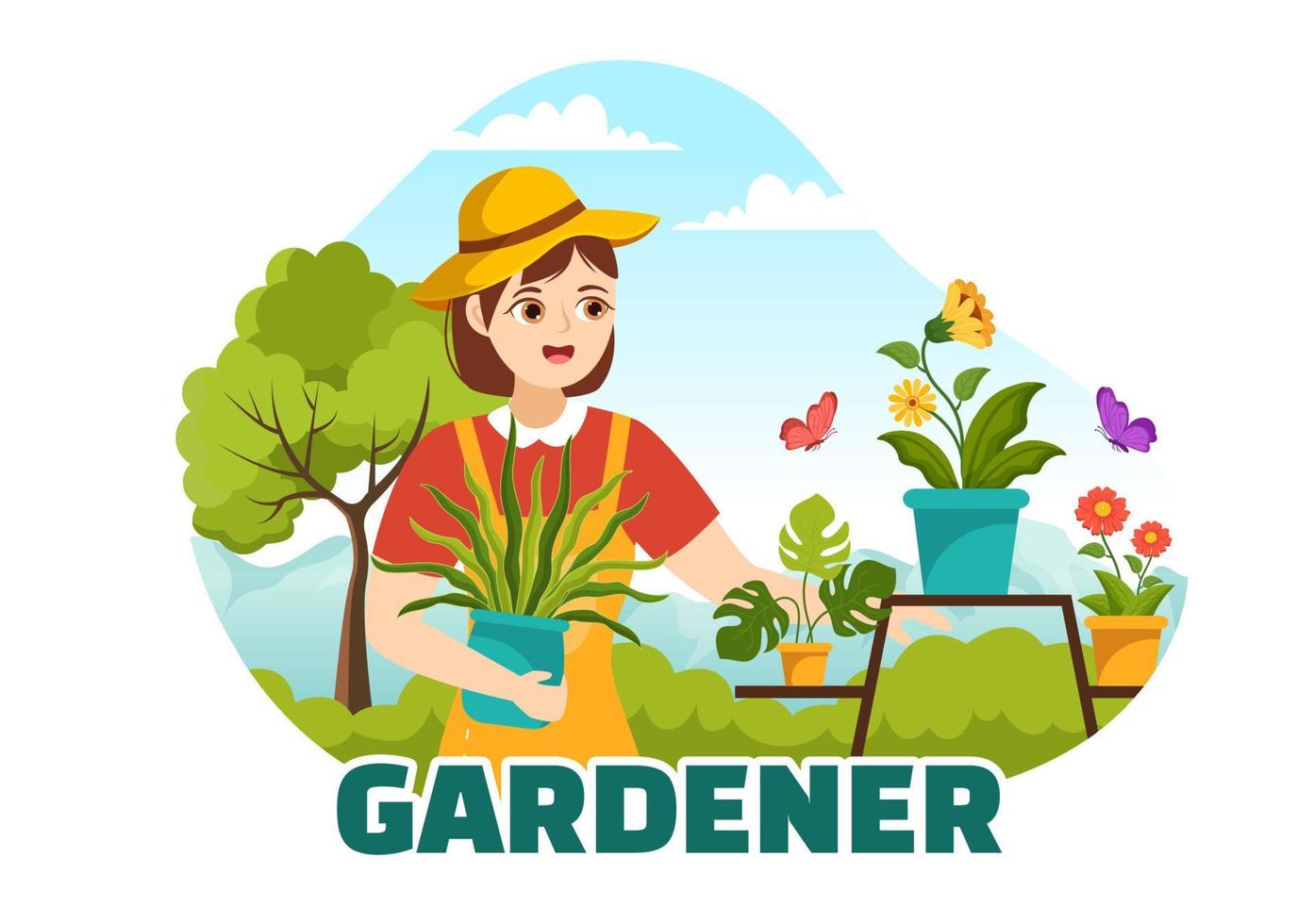 jardinero ilustración con jardín herramientas, agricultura, crece vegetales en botánico verano jardinería plano dibujos animados mano dibujado para aterrizaje página plantillas vector