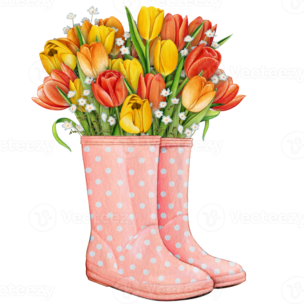 watercolor rubber boots with floral bouquet png