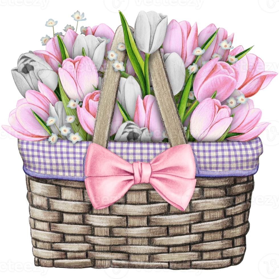 watercolor basket with floral bouquet png