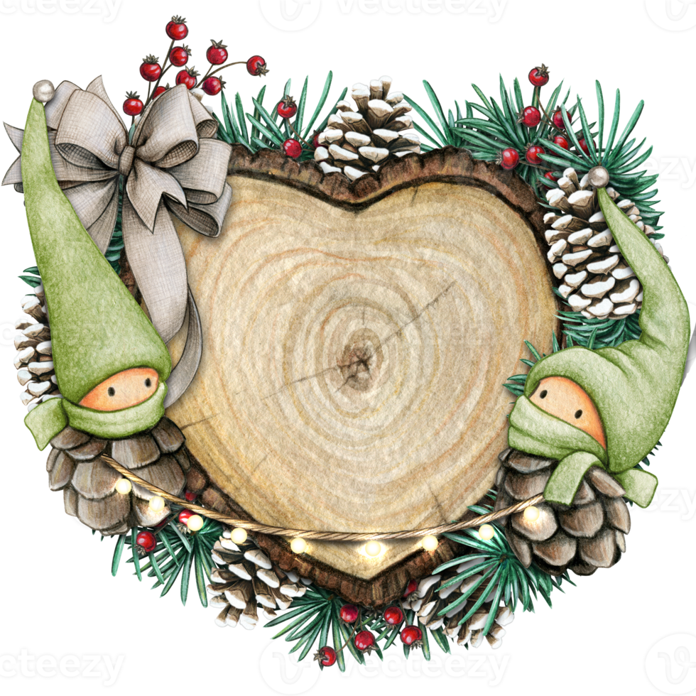 watercolor hand drawn wooden heart slice with elves, pinecones and pine branches png