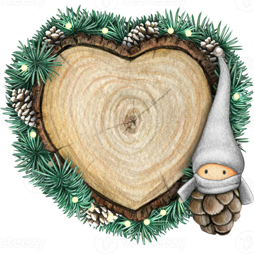 watercolor hand drawn wooden heart slice with elves, pinecones and pine branches png