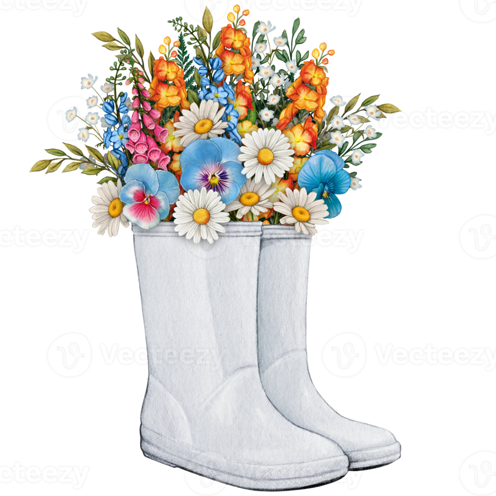 Aquarell Gummi Stiefel mit Blumen- Strauß png